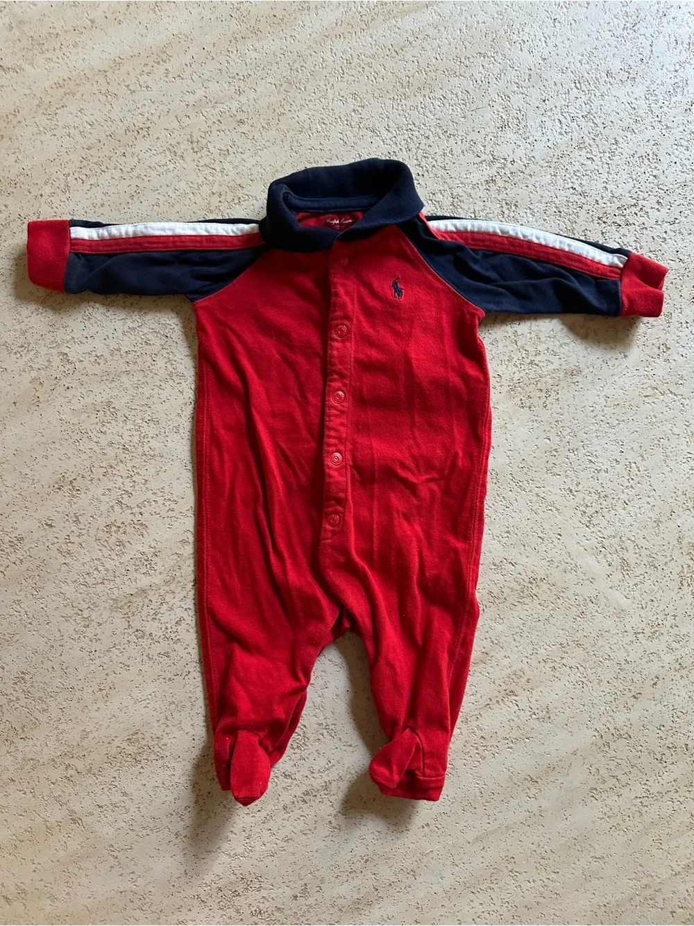Ralph Lauren Red and Navy Striped-Sleeve Footie One-Piece